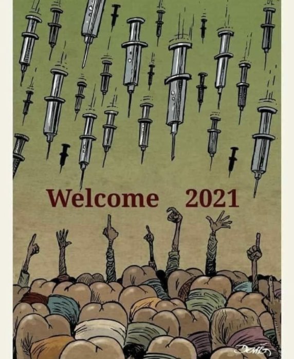 Illustration av fallande sprutor likt regn ovanför en folkmassa som sträcker sig mot himlen, med texten "Welcome 2021".