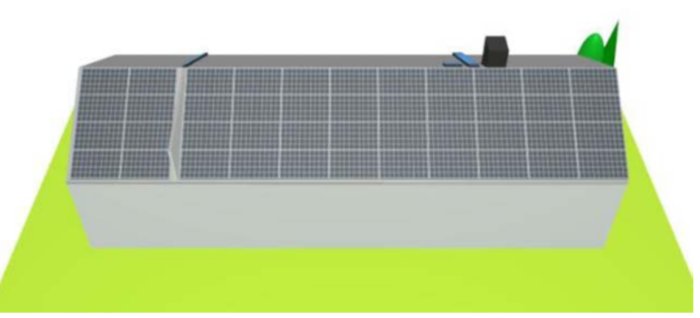 Illustration av ett hus med solcellspaneler på taket, ritat i 3D-modell.