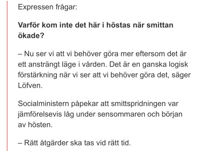 Skärmdump av en artikel med text från en intervju där regeringens åtgärder mot smittspridning diskuteras.