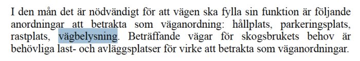 Textutdrag som definierar "väganordning" med exempel som hållplats och vägbelysning markerat.