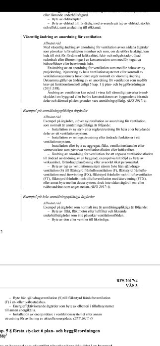 Dokumentutdrag med text om Boverkets allmänna råd gällande väsentliga ändringar och anmälningspliktiga åtgärder i ventilationssystem.