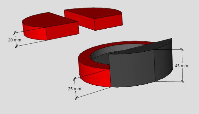 3D-skiss av komponenter till en leksaksfjäril med måttangivelser, planerat pysselprojekt.