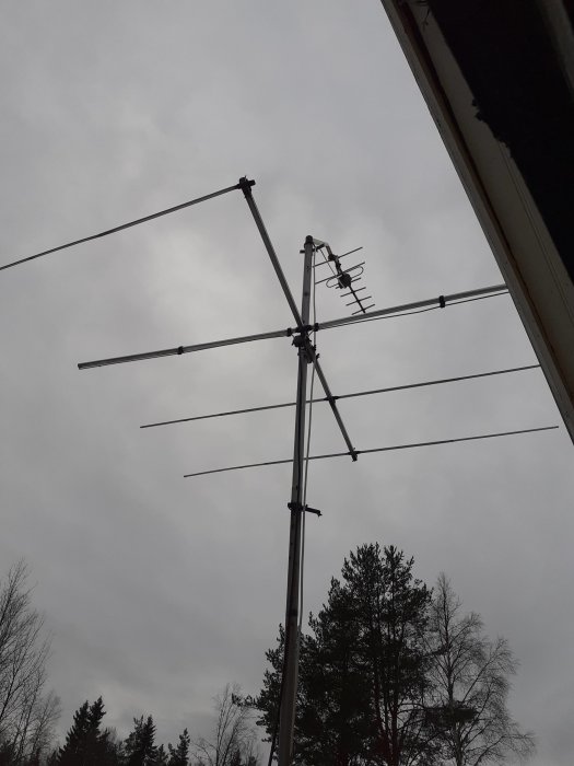 Gammal tv-antenn med flera korsade element och en mindre antenn ovanpå, mot molnhimmel.