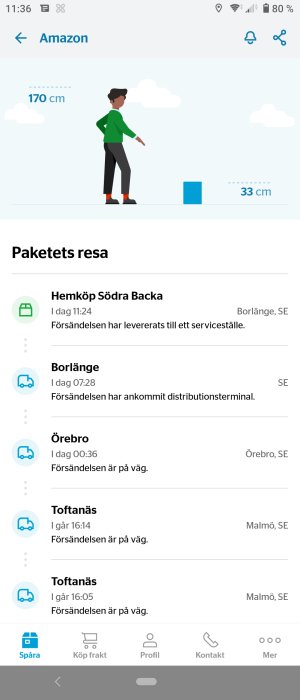 Illustration av paketsporning i en app med en figur bredvid ett paket och statusuppdateringar för leveransen.