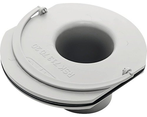 Vit plastgolvbrunn med avtagbart lock på en ljus bakgrund.