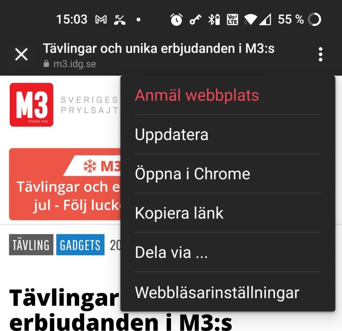 Skärmdump av en webbläsarmeny med alternativet "Öppna i Chrome" markerat.