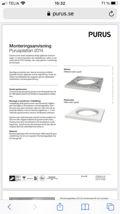 Skärmbild av monteringsanvisning för Purusplattan 2014 med text och illustrationer.