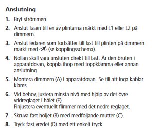 Instruktionslista för anslutning med steg från avbrytande av ström till fastsättning av vredet.