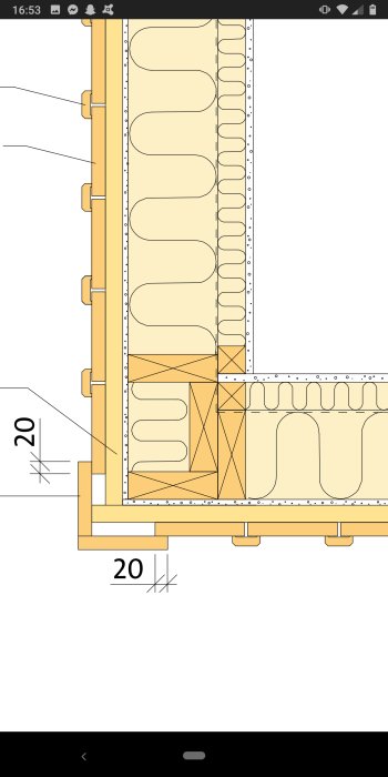 Ritning av en byggkonstruktion med detaljerad regelstomme och hörn enligt beskrivning för pumphus.