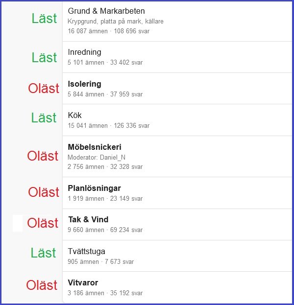 Skärmdump av forumtrådar med rubriker och svarantal, vissa rubriker i fet text och andra med blå prick som indikator.