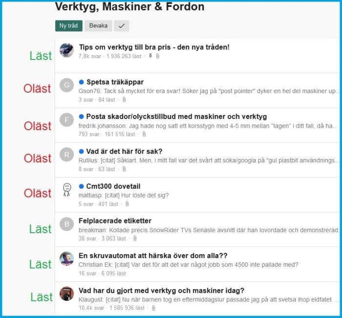 Skärmdump av ett diskussionsforum med trådar om verktyg, maskiner och fordon, vissa markerade som olästa.