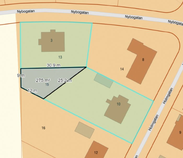 Översiktskarta som visar en fastighetsindelning med markerade gränser för omdisponering av tomtområde mellan två angränsande fastigheter.