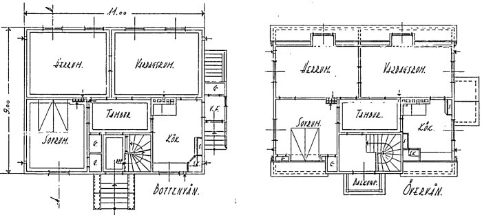 Svartvita ritningar av husets planlösning före renovering – visar rum som herrum, vardagsrum och kök.