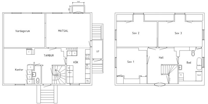 Planritning av ett hus med etiketterade rum som kontor, kök, vardagsrum, matsal, sovrum och badrum, för renoveringsplanering.