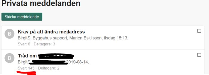 Skärmdump av PM-trådlista med inlägg som har 145 svar, visar användarens frustration över navigering.
