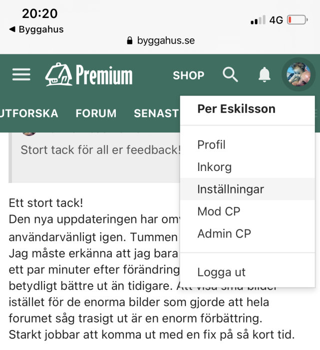 Skärmbild av en användares inlägg på byggforums webbsida, inkluderar menyn med profilalternativ.