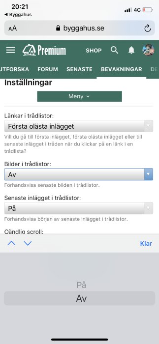 Skärmdump av inställningsmenyn för ett forum på bygghus.se med alternativ för bildvisning.
