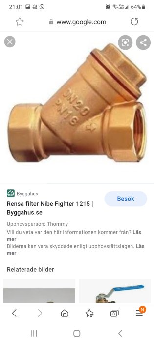 Mässingsfilter för vattenreningsystem, typiskt använt på Nibe värmepumpar.