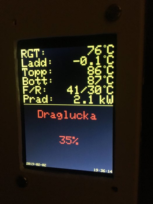 Display som visar temperaturer och effekt för en uppvärmningskrets, daterad 2019-02-02.