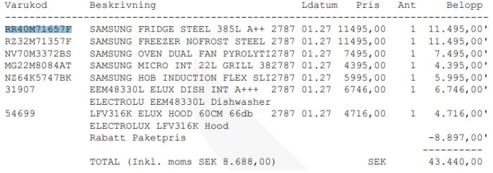 Kvitto på vitvaror från Samsung och Electrolux med priser och rabatter med totalt belopp på 43,440 SEK.