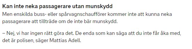 En texturklippning där Mattias Adell diskuterar utmaningar med krav på munskydd inom kollektivtrafiken.