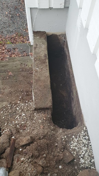 Grävd grop vid husgrund med betongtrappa, stödvägg och synlig fukt, omgiven av sand och sten.