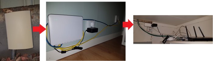 En bildserie som visar ett hemnätverks uppbyggnad med fiberkonverterare, router och okänd grå låda, samt en rörig hylla med patchkablar och nätverksutrustning.