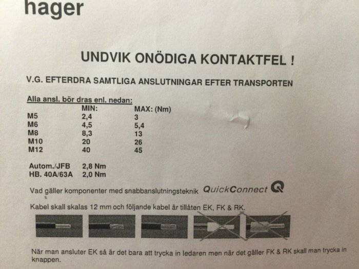 Instruktionsblad för anslutningsmoment och kabelanslutning från Hager.