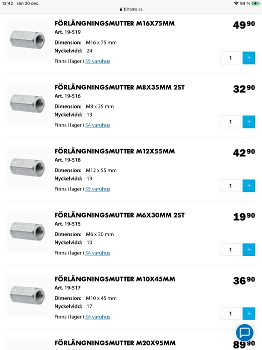 Skärmavbildning av en webbshop som visar olika storlekar av förlängningsmuttrar med prisinformation.