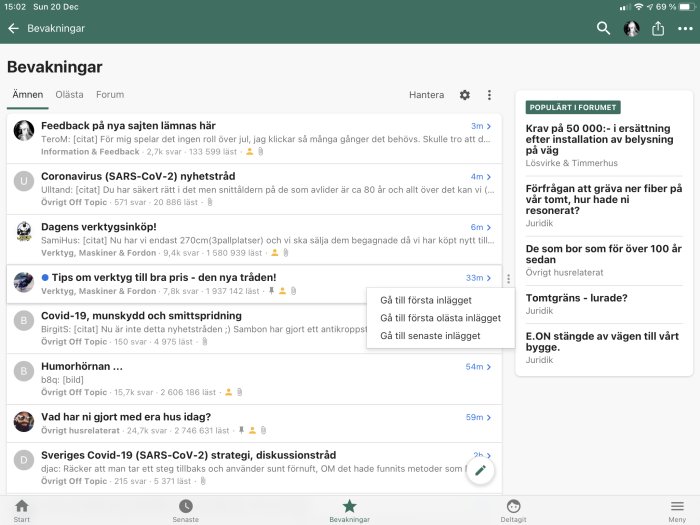 Skärmbild av ett diskussionsforum med trådar om byggprojekt och olika diskussionsteman.