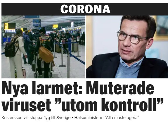 Flygplats full av människor i kö och bild på man med glasögon från en nyhetsartikel om muterat virus.