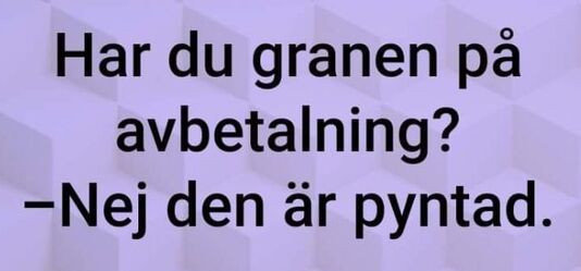 Text på bild med ordvits: "Har du granen på avbetalning? –Nej den är pyntad.