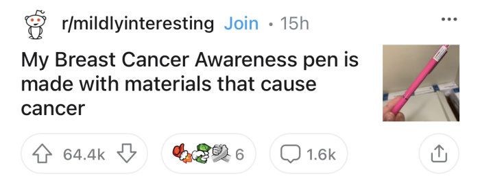 Skärmdump från Reddit om bröstcancermedvetenhetspenna gjord av cancerframkallande material.