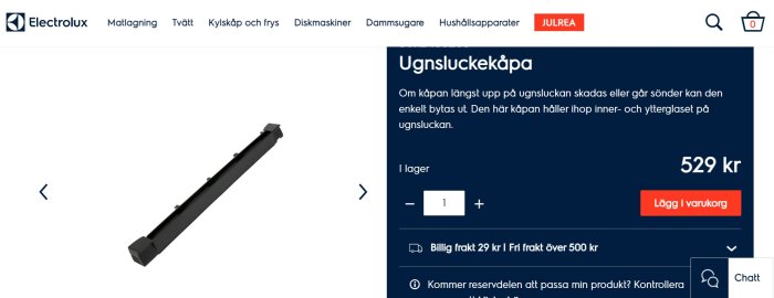 Svart ugnsluckekåpa från Electrolux som håller ihop inner- och ytterglas på en ugnslucka, visas mot vit bakgrund.