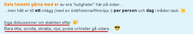 Text från forum med regler om att dela humoristiskt innehåll, en post per person och dag, utan diskussioner.