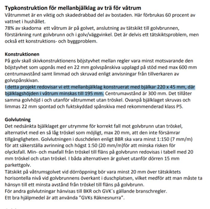 Svensk text på datorns skärm som redogör för mellanbjälklag konstruktion i våtrum med specifika mått.