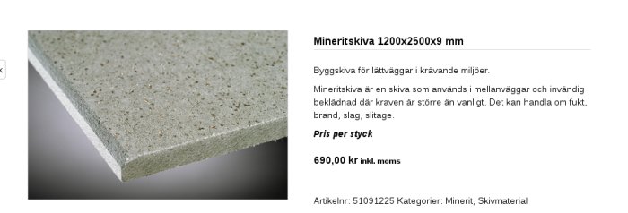 Närbild av en mineritskiva med specifikationer och prisinformation från en byggproduktkatalog.