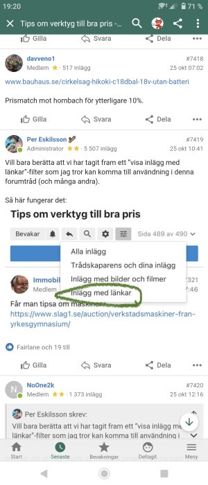 Skärmdump av forumtrådar om verktyg med användarprofilbilder och inlägg som diskuterar länkar och priser.