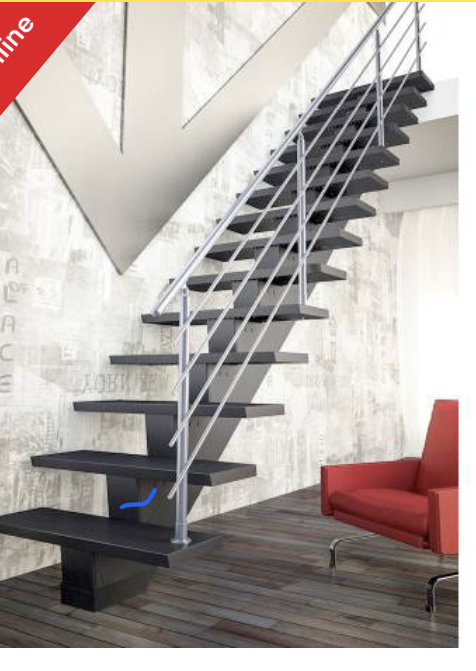 Modernt utformad svävande trappa med metallräcken och mörka steg mot en texttryckt vägg.