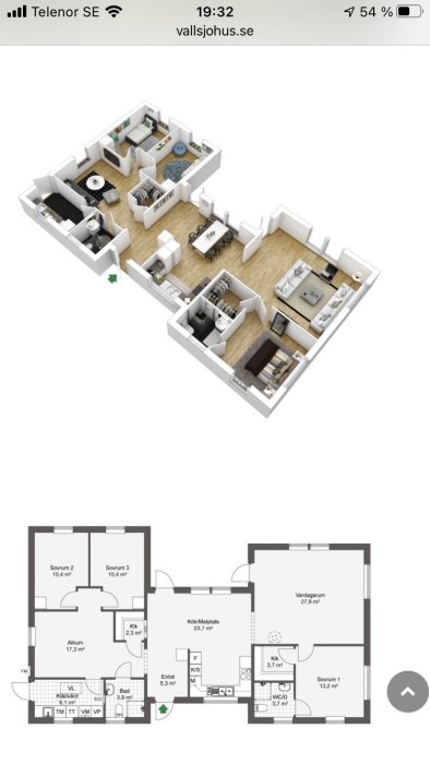 3D-visualisering och planritning av husmodellen Optima 3, med markerade rum och ytor.