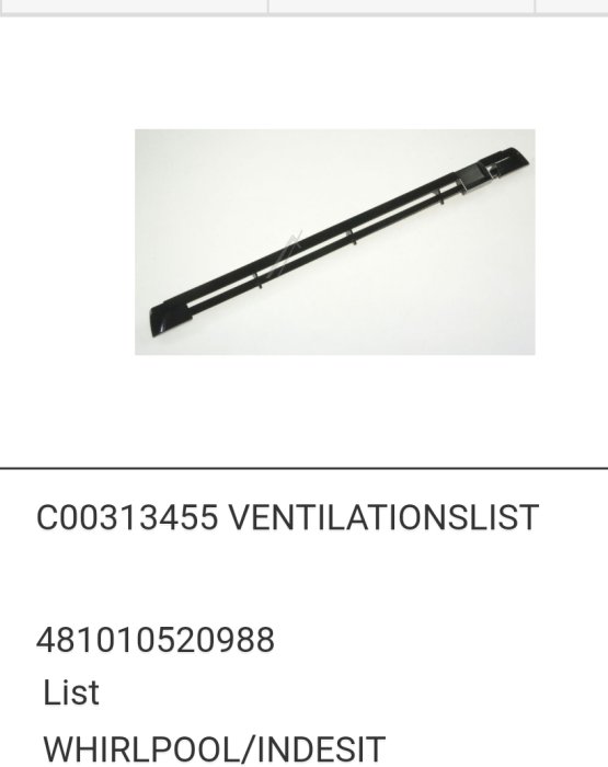 Svart ventilationslist för Whirlpool/Indesit ugn med delnummer C00313455.