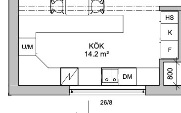 Ritning av köksplan med markerad position för Bora X Pure häll med inbyggd fläkt.