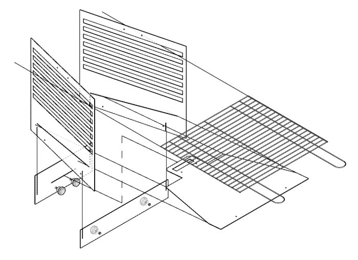 Konceptskiss av en isärplockbar vedeldad grill bestående av plåtar med spår som skjuts in i varandra.