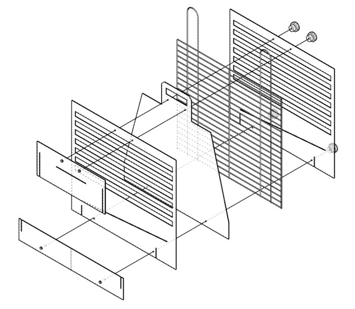 Exploded view diagram av isärplockbar vedeldad grill i olika plåtdelar och stjärnvred.