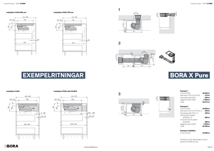 Installationsritningar för Bora X Pure, häll med inbyggd fläkt, som visar olika vyer och dimensioner för montering.