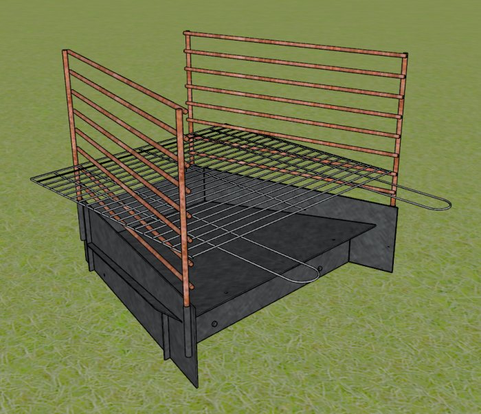 3D-design av en isärplockbar och släpbar vedeldad grill med armeringsjärn.