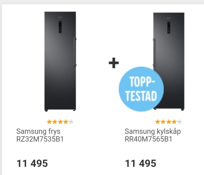 Två svarta Samsung vitvaror, en frys och ett kylskåp, bredvid varandra med betyg och priset angivet.