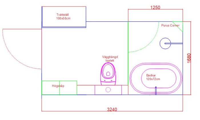 Ritning av en ny planlösning för ett badrum med tvättställ, högskåp, toalett och badkar markerade.