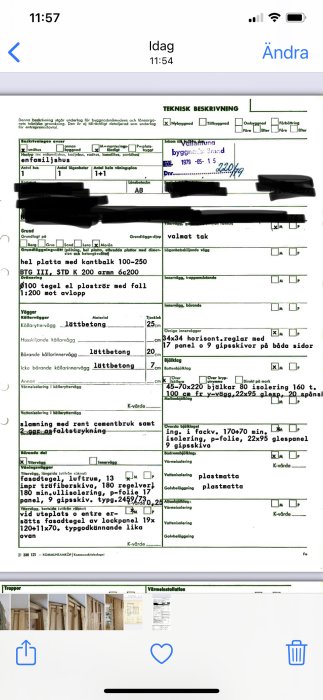 Skärmdump av en teknisk beskrivning för en byggnad med markeringar och anteckningar.