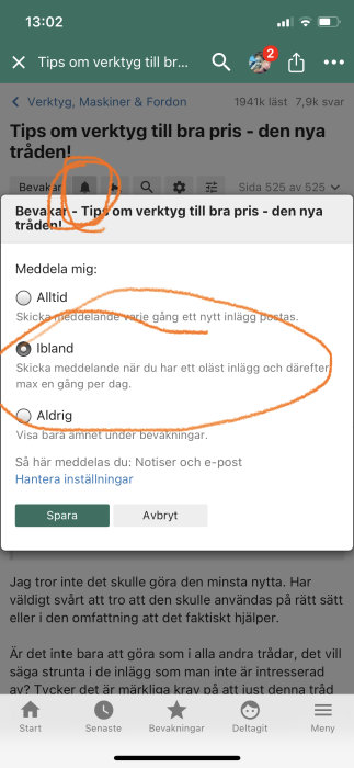 Skärmklipp av foruminställningar med markerat alternativ "Ibland" för notiser om nya inlägg.